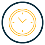 A simple illustration of a clock showing the time as 10:10, outlined with a yellow circle and dark blue border, features a subtle warning light bar effect for added emphasis.