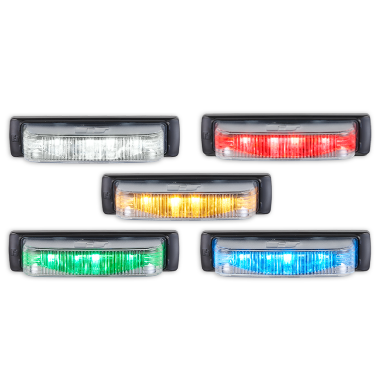 Five rectangular vehicle lights are shown, each illuminated in a different color: white, red, amber, green, and blue, arranged in a pattern on a plain background.
