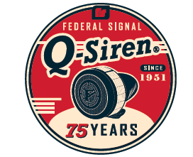 Circular logo for Federal Signal Q Siren, featuring a siren illustration and text reading "Since 1951, 75 Years." Colors are red, beige, black, and white.