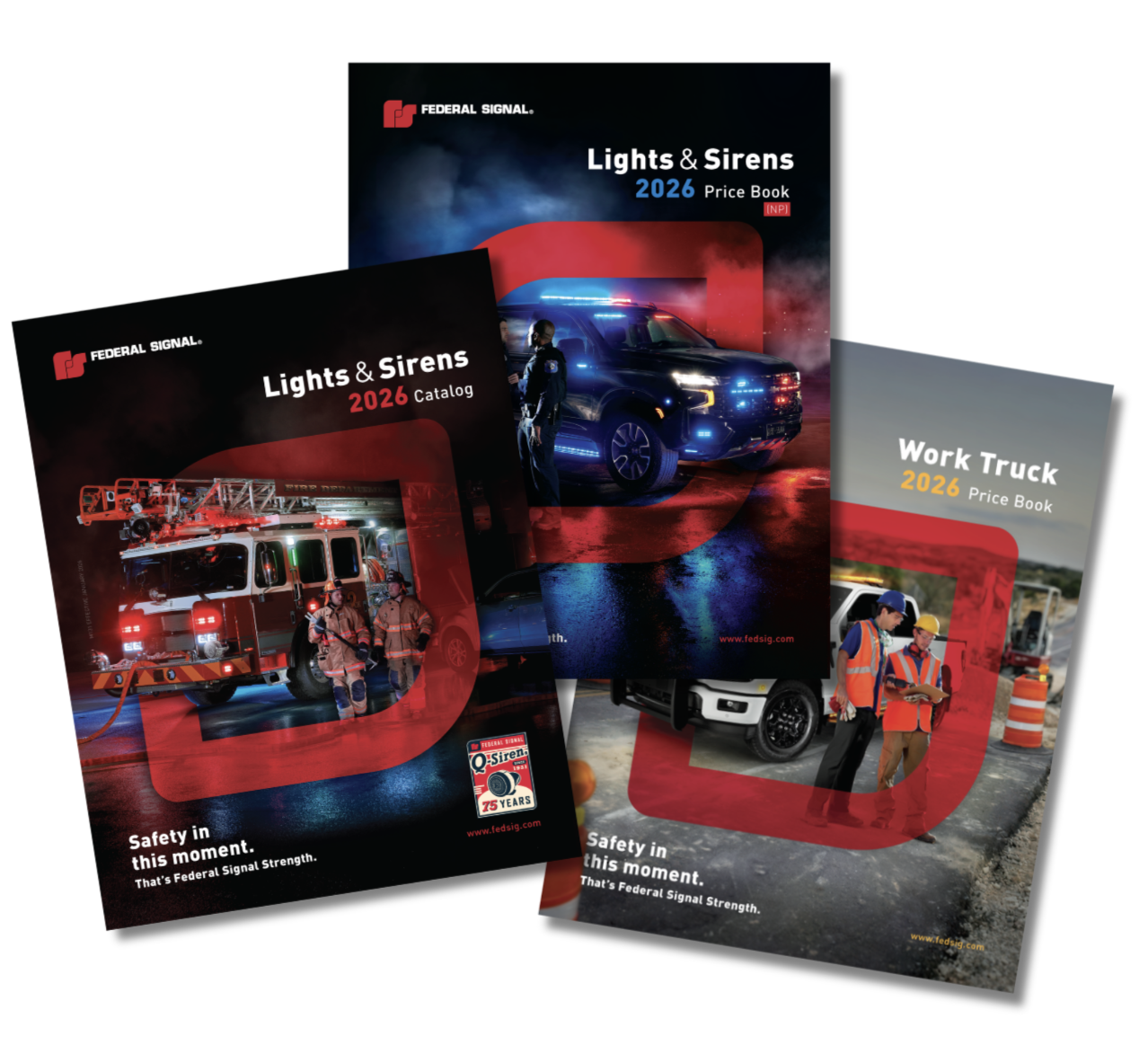 Three Federal Signal 2026 catalogs are shown: Lights & Sirens, Lights & Sirens Price Book, and Work Truck Price Book, each featuring emergency vehicles and personnel on the cover.