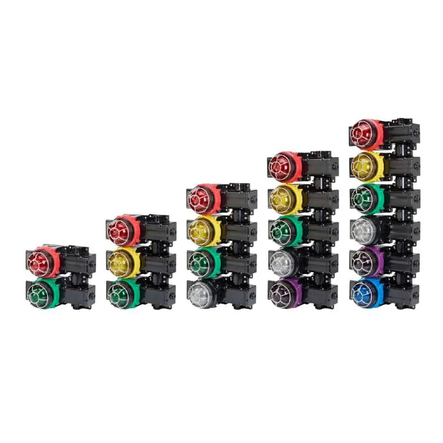 Five vertical stacks of G-MSC Custom Global Series® Hazardous Location Custom Fixtures in green, yellow, red, silver, purple, and blue are arranged in ascending order from left to right. Each stack includes a variety of colors.