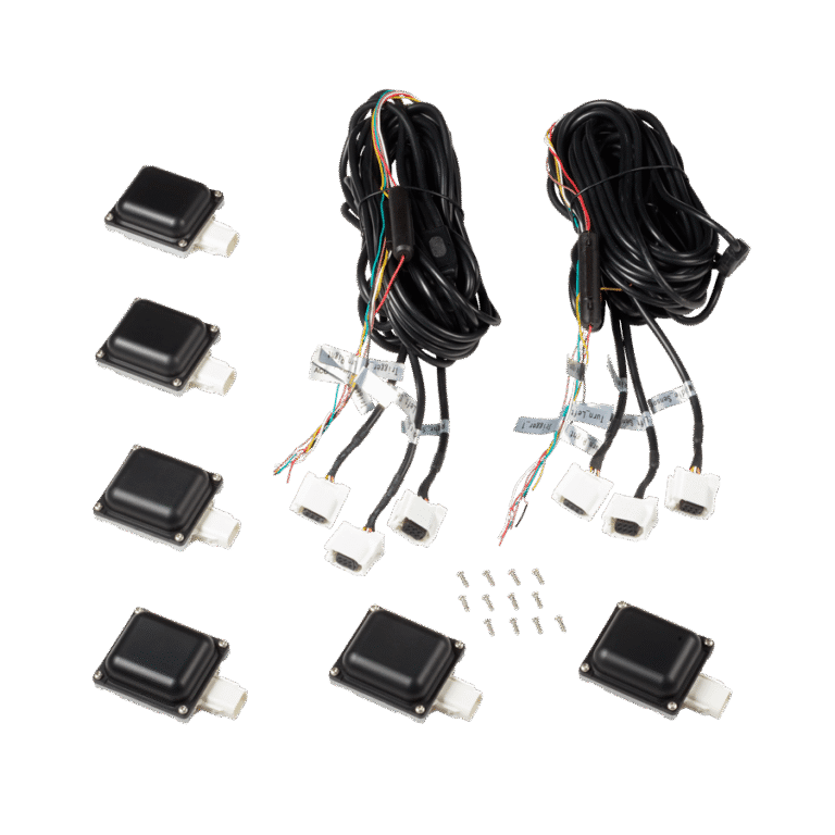 Eight black rectangular electronic modules, eight screws, and two bundles of multicolored wires with white connectors are arranged on a white background.