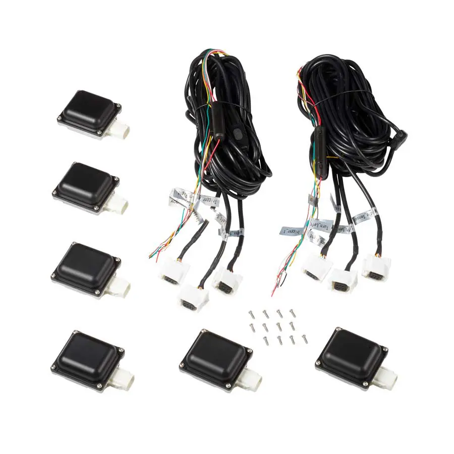 The Perimeter Breach Warning System includes six black rectangular sensors, two wiring harnesses with connectors, and a set of screws arranged on a white background.