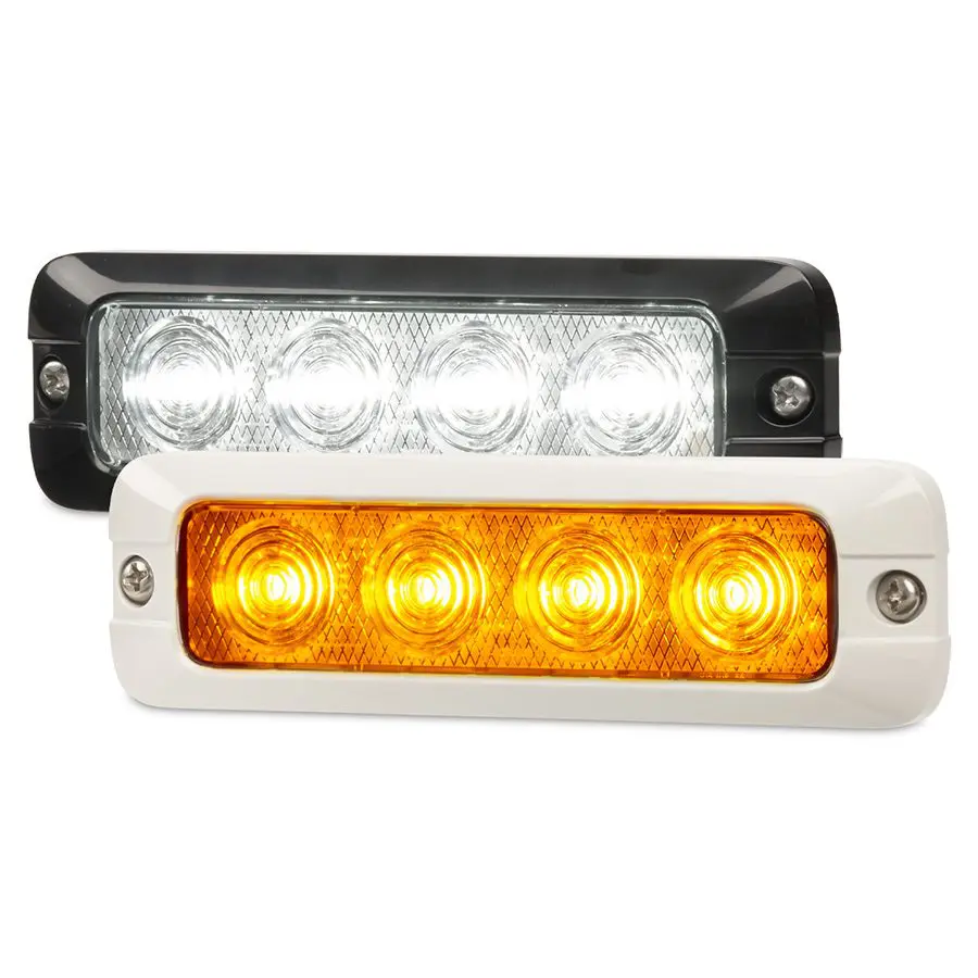 Two 4200S Perimeter Lights: one with a black casing emitting white light, and one with a white casing emitting amber light, both rectangular and side-mounted using screws.