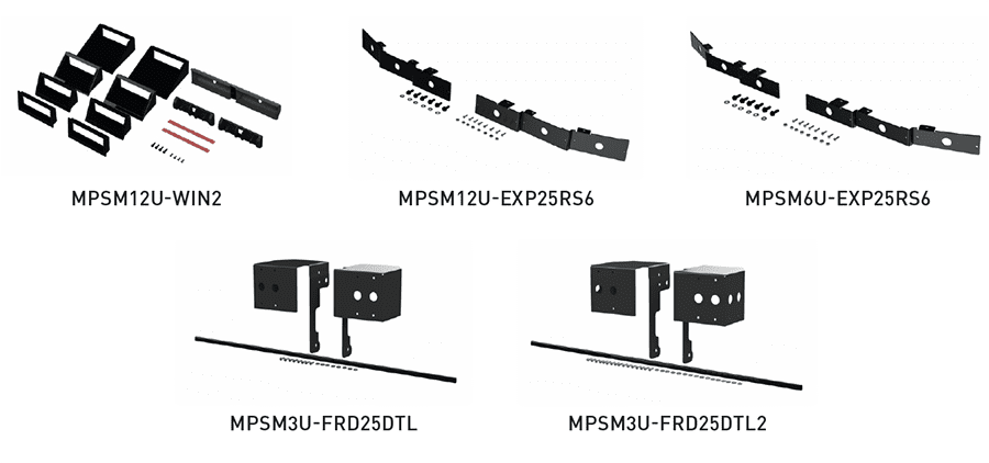 Five different black metal mounting bracket kits with screws are displayed, each labeled with a unique product code below the corresponding image.