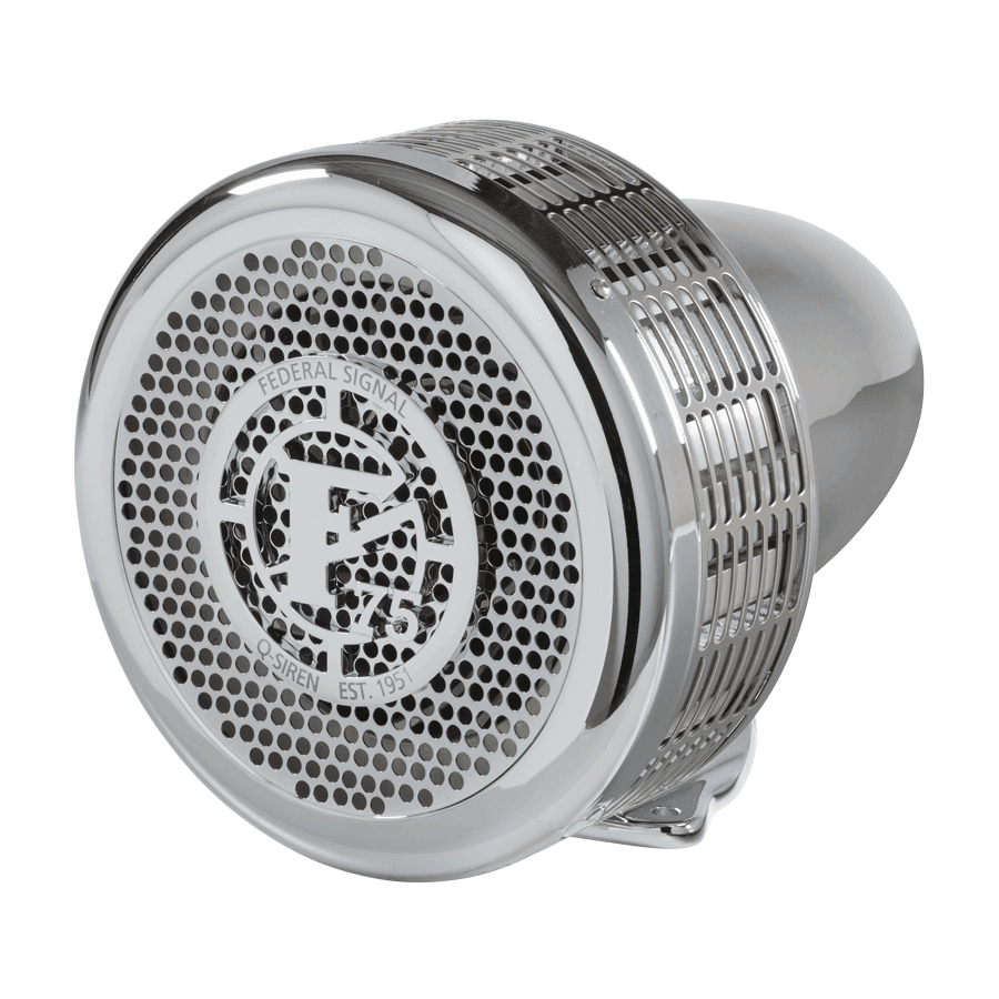 A Q-Siren® with a chrome finish, perforated front grille, logo, and mounting bracket is shown at an angle against a white background.