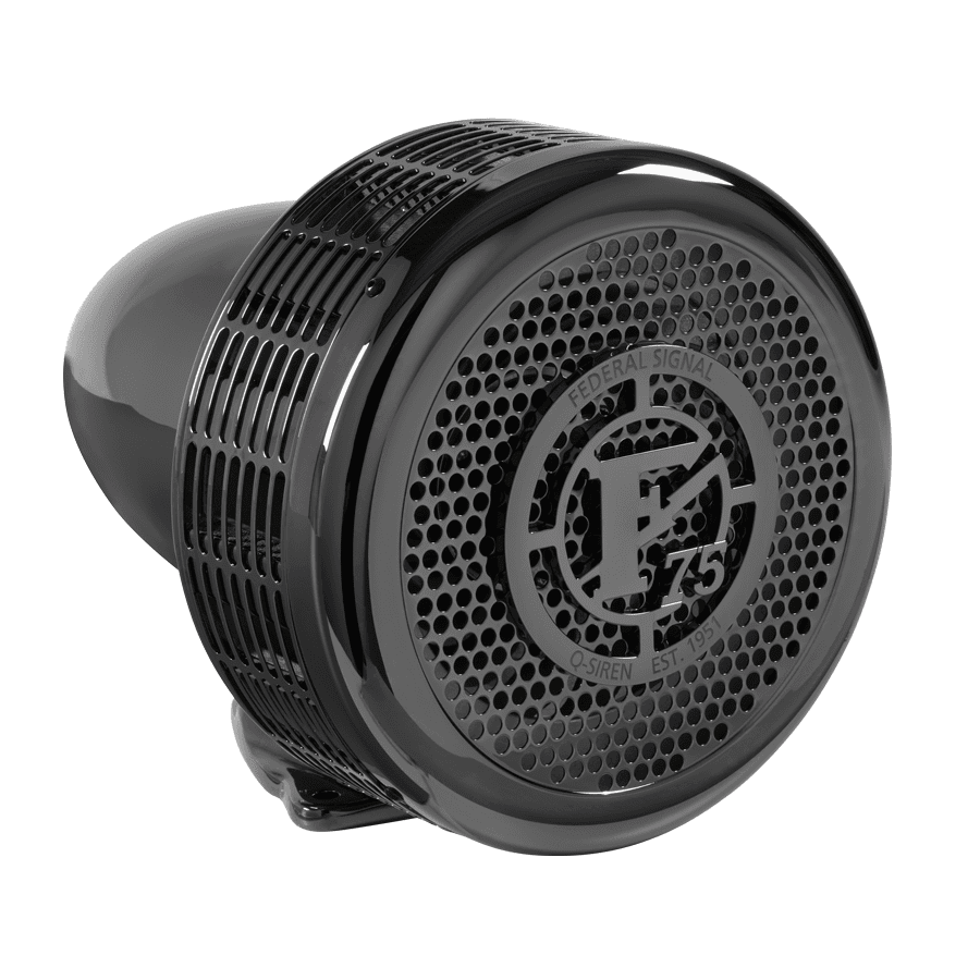 A close-up view of a black Q-Siren® from Federal Signal, featuring a perforated front grill and the company logo visible on the cover.
