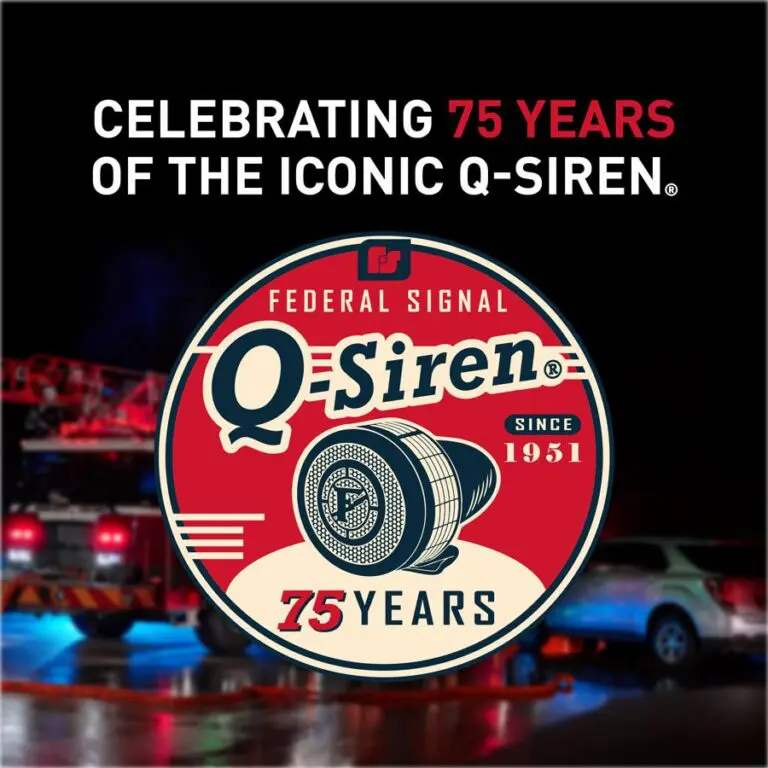 A graphic celebrating 75 years of the Q-Siren®, featuring a badge design with emergency vehicles in the background.