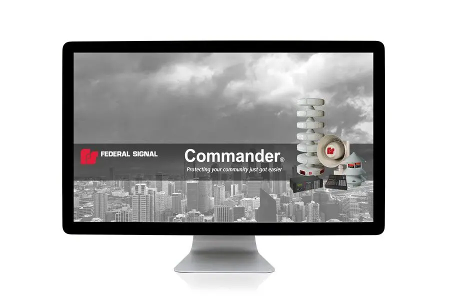 A computer monitor shows the Commander® On-Premises Siren Control and Monitoring System interface with a cityscape background, emergency siren graphics, and the slogan, "Protecting your community just got easier.
