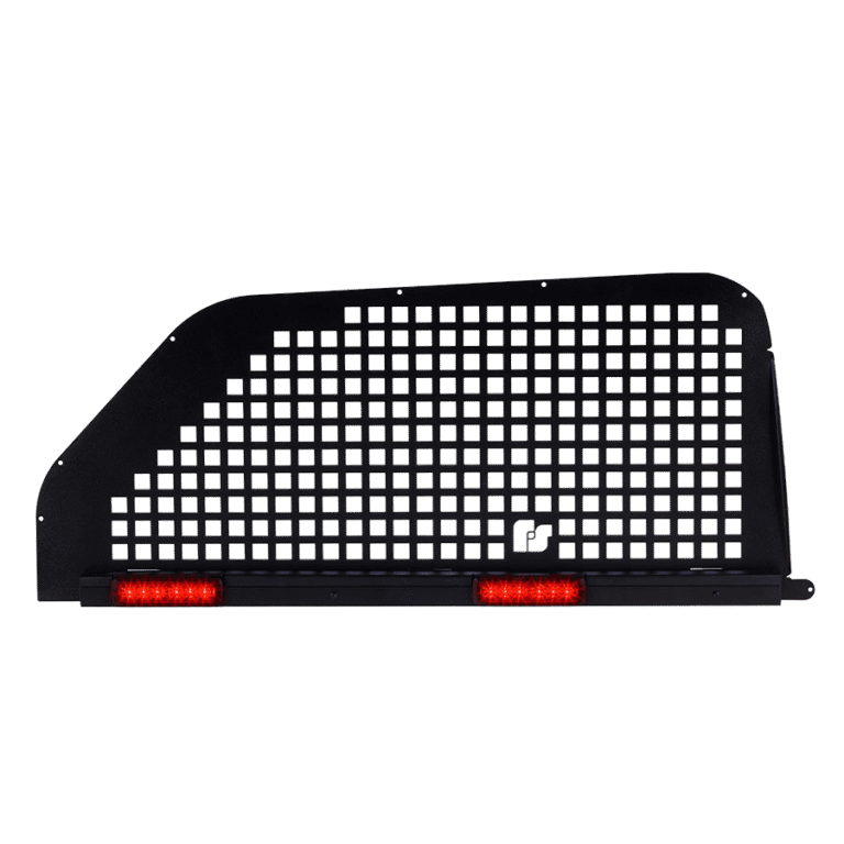 Black metal mesh tailgate insert with a grid pattern and two red LED lights at the bottom, displayed on a white background.