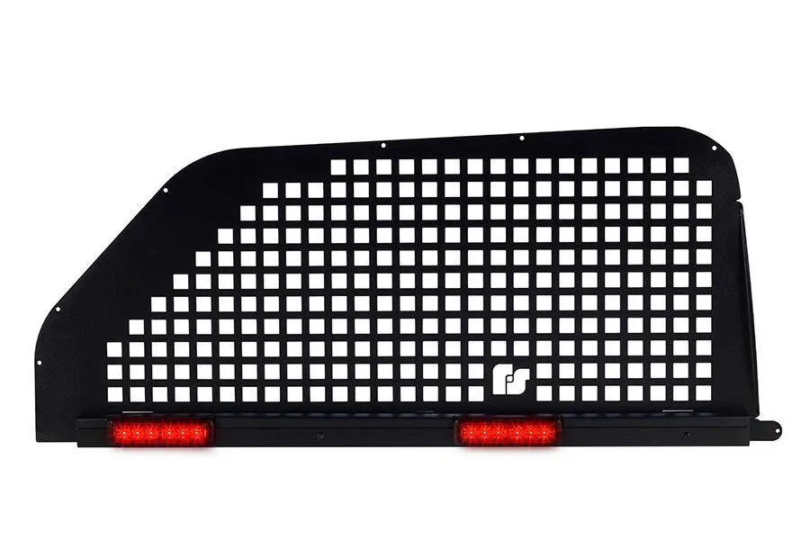 The DFC-WG-FPIU25 is a black metal mesh truck tailgate with a rectangular pattern and two red brake lights at the bottom.