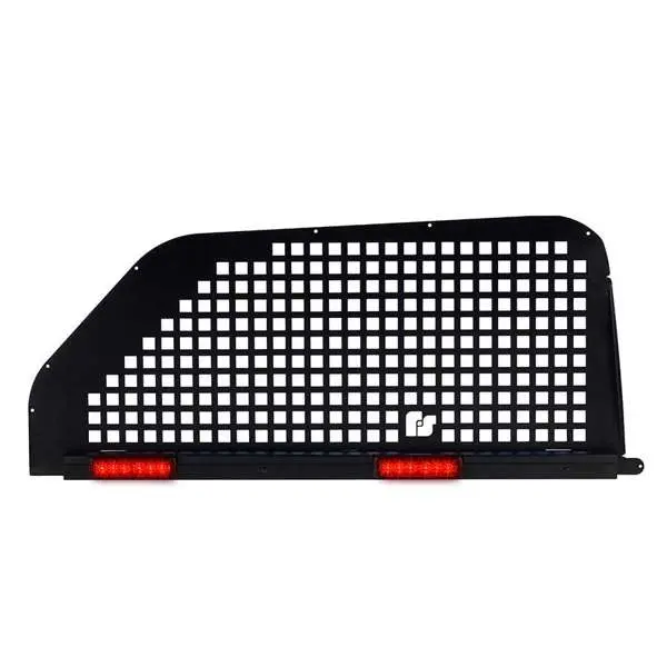 Black metal vehicle partition with a grid pattern and two red reflective lights at the bottom.