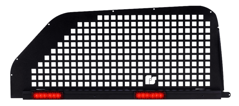 The DFC Series Push Bumper is a black perforated metal barrier with a grid pattern and two horizontal red lights at the base, shown against a white background.
