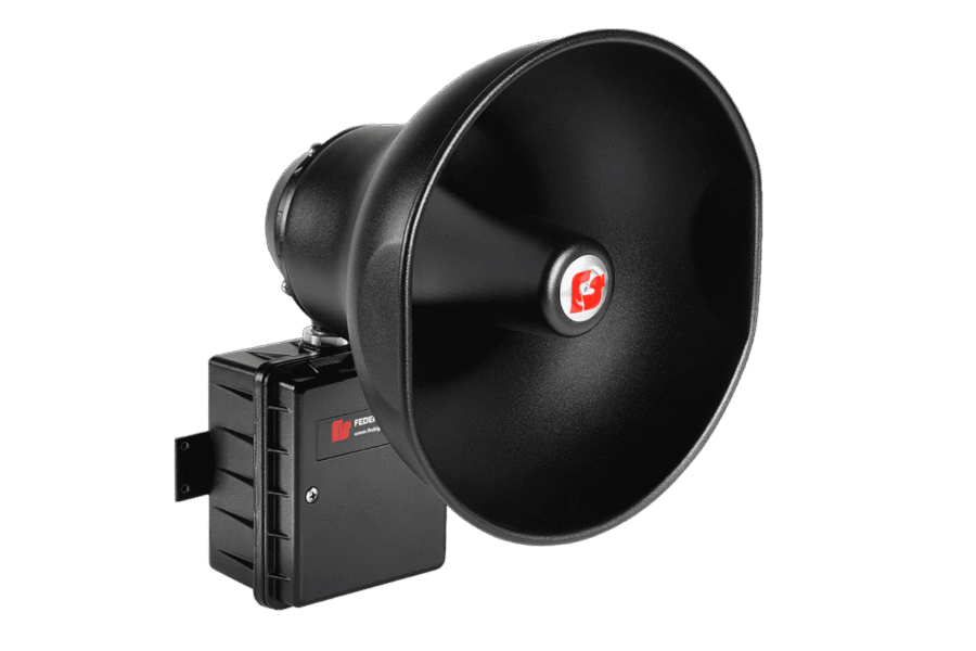 The Informer15 Series C 15W IP-enabled Speaker is a black industrial speaker with a rectangular base, circular horn, and a red and white logo at its center.