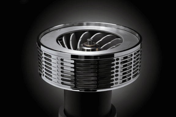 Close-up view of a metallic, circular turbine or fan component with a perforated outer casing and angled blades, set against a dark background.