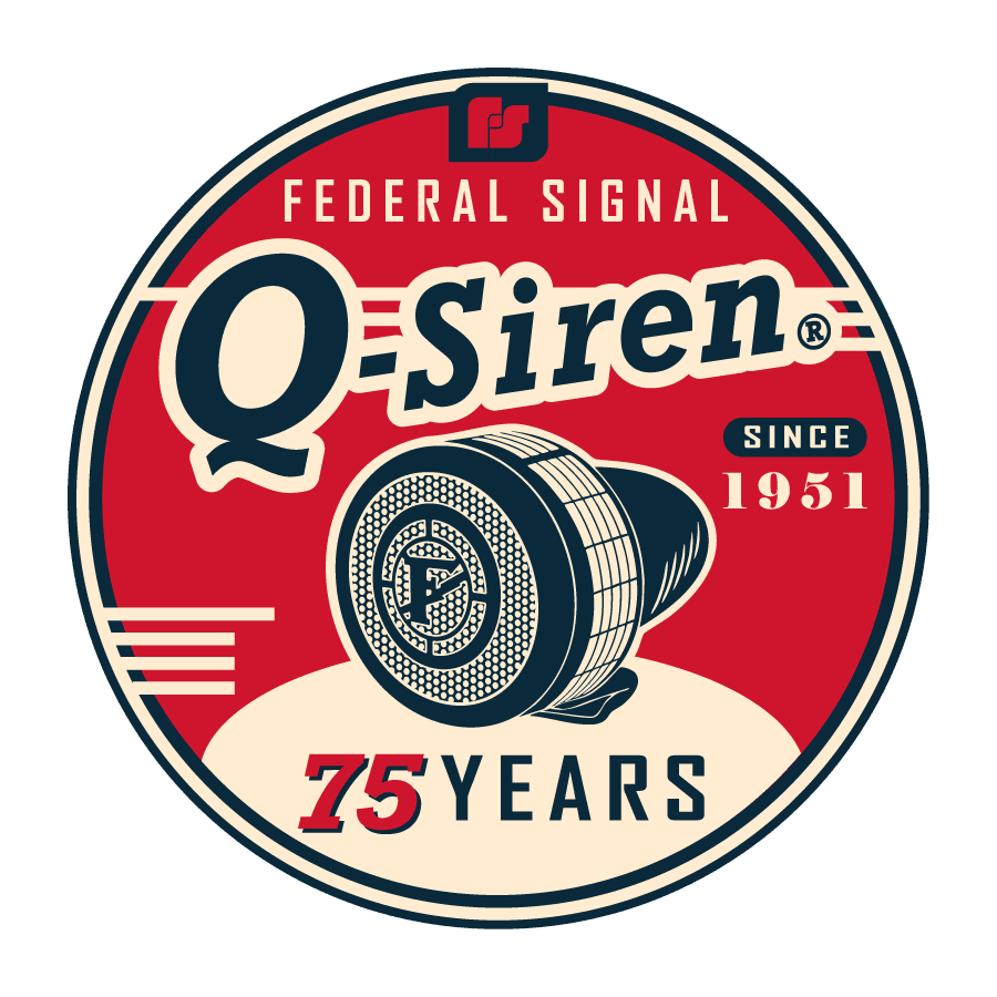 Circular logo for Federal Signal Q Siren, featuring a siren illustration, text "75 Years," and "Since 1951" on a red and beige background.
