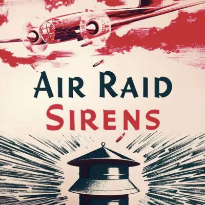 A vintage-style illustration shows an airplane above, red clouds, and the words "Air Raid Sirens" with a loud siren depicted below.