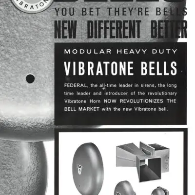 Black and white advertisement for Federal Vibratone Bells, featuring images of different bell models and bold text promoting their new, heavy duty products.