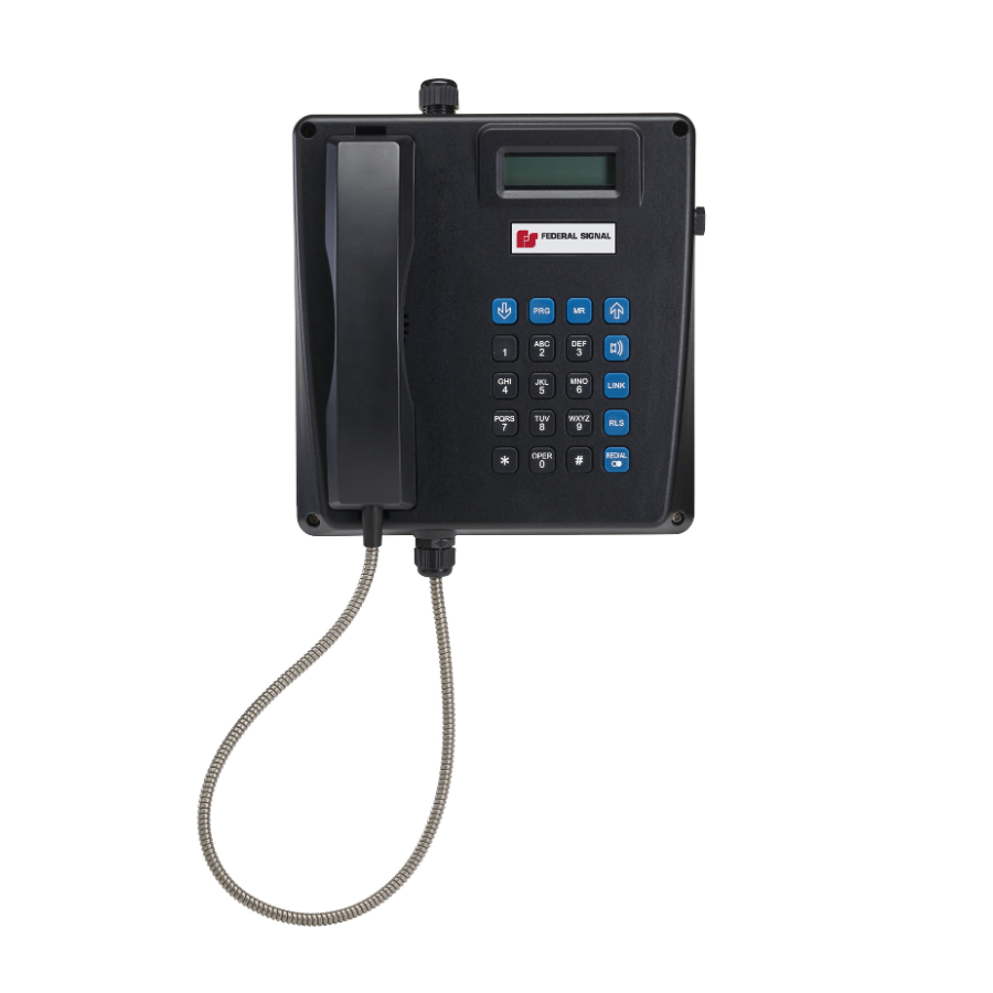 A black industrial wall-mounted telephone with a corded handset, numeric keypad, small display screen, and labeled "Federal Signal" on the front.
