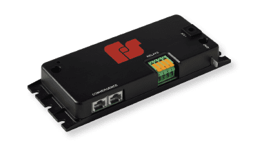 A black rectangular electronic device with ports labeled “communications” and “relay,” green terminal connectors, and a red logo on top.