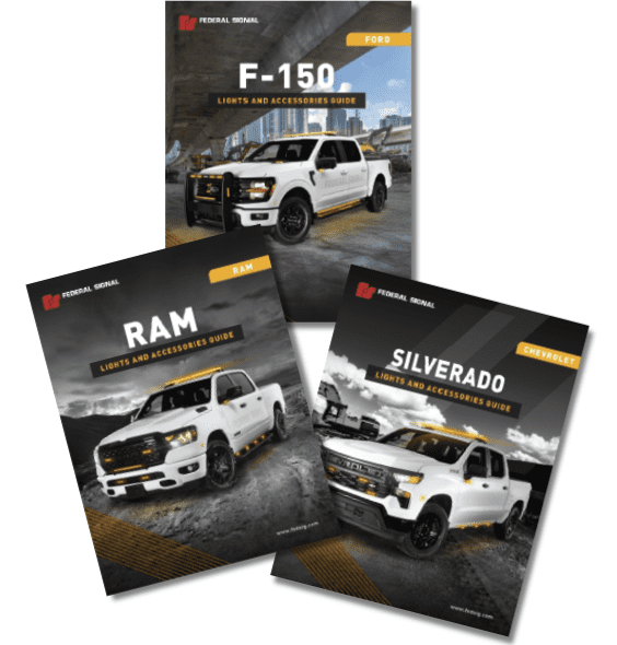 Three Federal Signal brochures for vehicle lights and accessories, featuring Ford F-150, Ram, and Chevrolet Silverado pickup trucks on the covers.