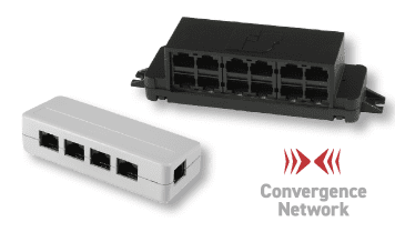 Two network patch panels, one black with eight ports and one white with five ports, next to a "Convergence Network" logo.