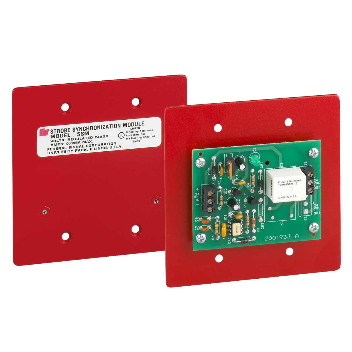 Two red square strobe synchronization modules are shown, one displaying its label and the other revealing its exposed electronic circuit board.