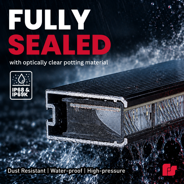 A close-up of the fully sealed DynaFlare® Emergency Vehicle Perimeter Light with water droplets, showcasing “IP68 & IP69K” ratings and text highlighting its dust resistance, waterproof performance, and ability to withstand high-pressure conditions.