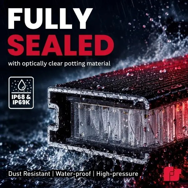 A close-up of the fully sealed DynaFlare® Emergency Vehicle Perimeter Light with water droplets, showcasing “IP68 & IP69K” ratings and text highlighting its dust resistance, waterproof performance, and ability to withstand high-pressure conditions.