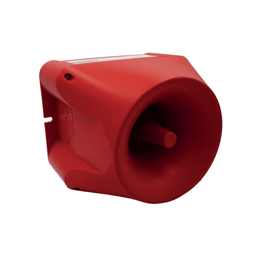 A red electronic siren or alarm horn with a conical front, photographed against a white background.