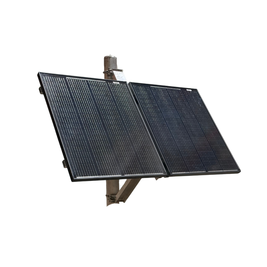 Two black solar panels mounted on a metal pole, isolated on a white background.