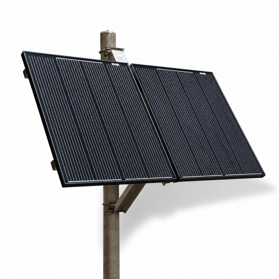 Two rectangular Solar Power Options for Sirens panels are mounted on a metal pole, angled for optimal sunlight capture, set against a plain white background.