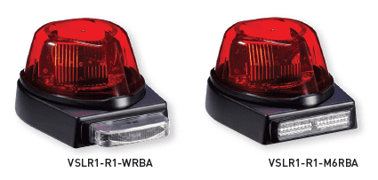 Two red emergency strobe lights with black bases are shown side by side, labeled "VSLR1-R1-WRBA" and "VSLR1-R1-M6RBA." Each has a different style of clear front light.