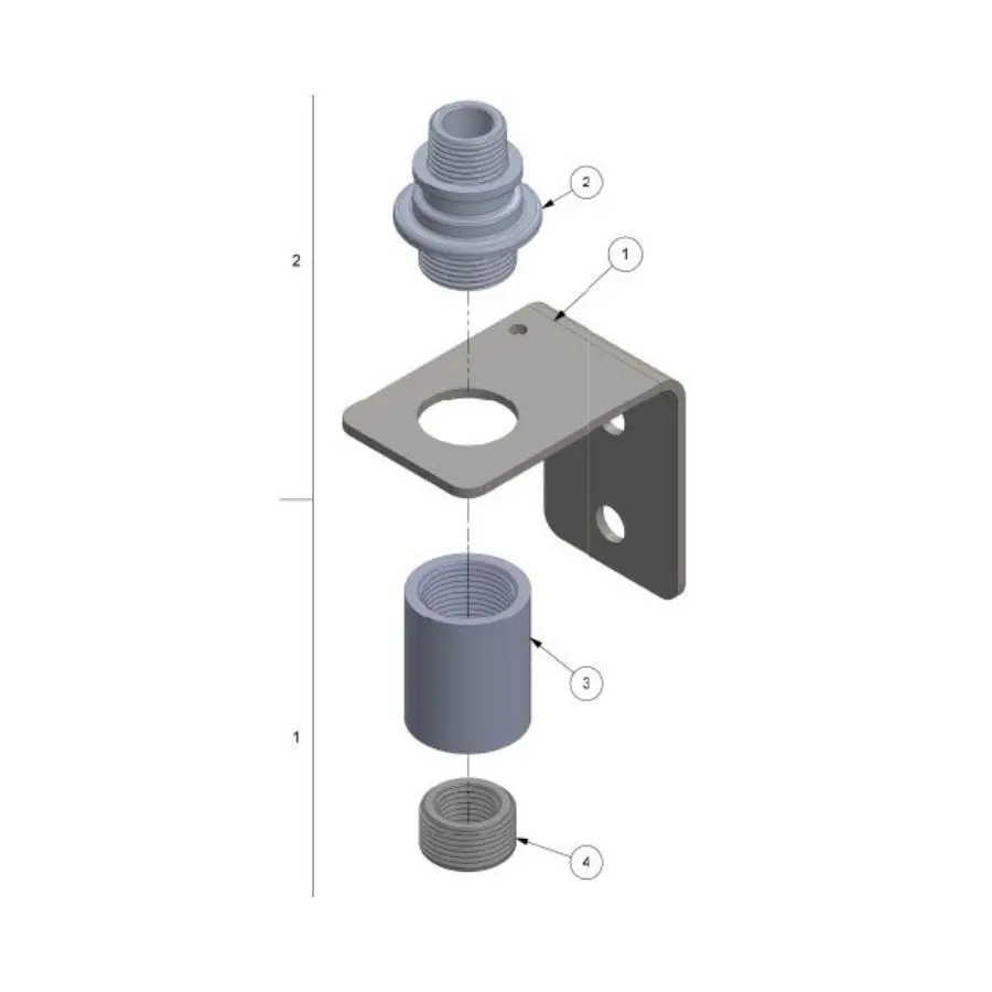 Exploded view of four mechanical components: a threaded cap, an L-shaped bracket with two holes, a cylindrical spacer, and a threaded ring, shown in assembly order.