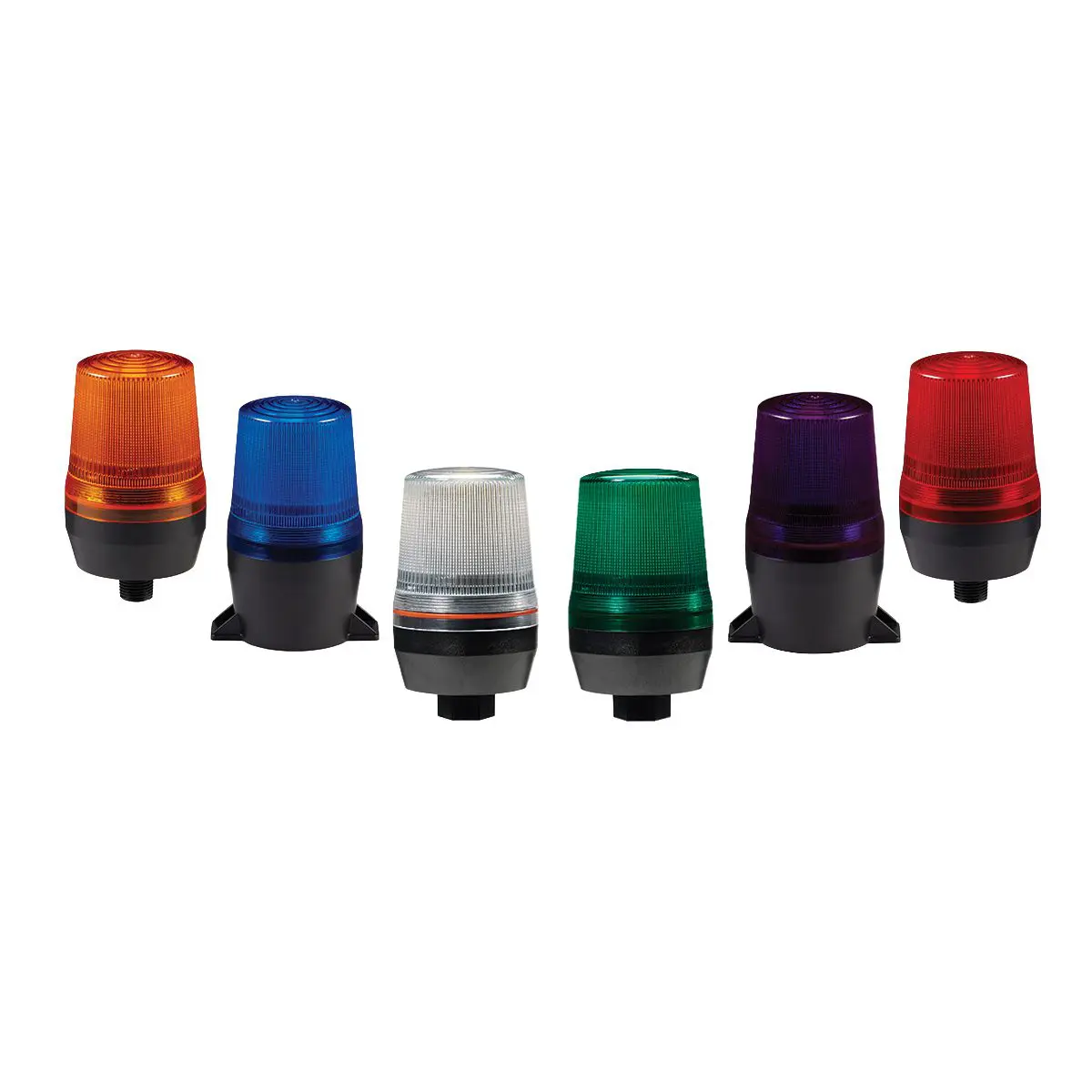 Six small beacon lights in orange, blue, white, green, red, and purple are arranged in a row on a white background.