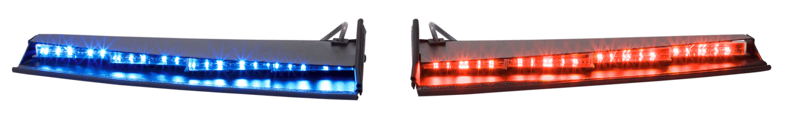 Two vehicle light bars are shown side by side; the left one emits blue light, and the right one emits red light. Both light bars are activated.