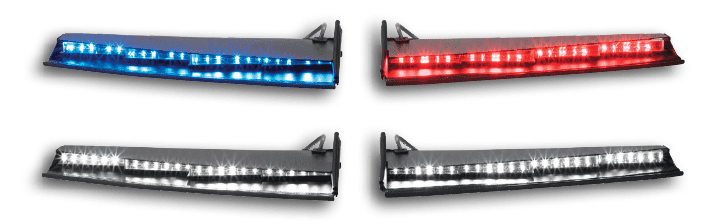 Four LED light bars: blue, red, and two white, each mounted on a black base, displayed on a white background.