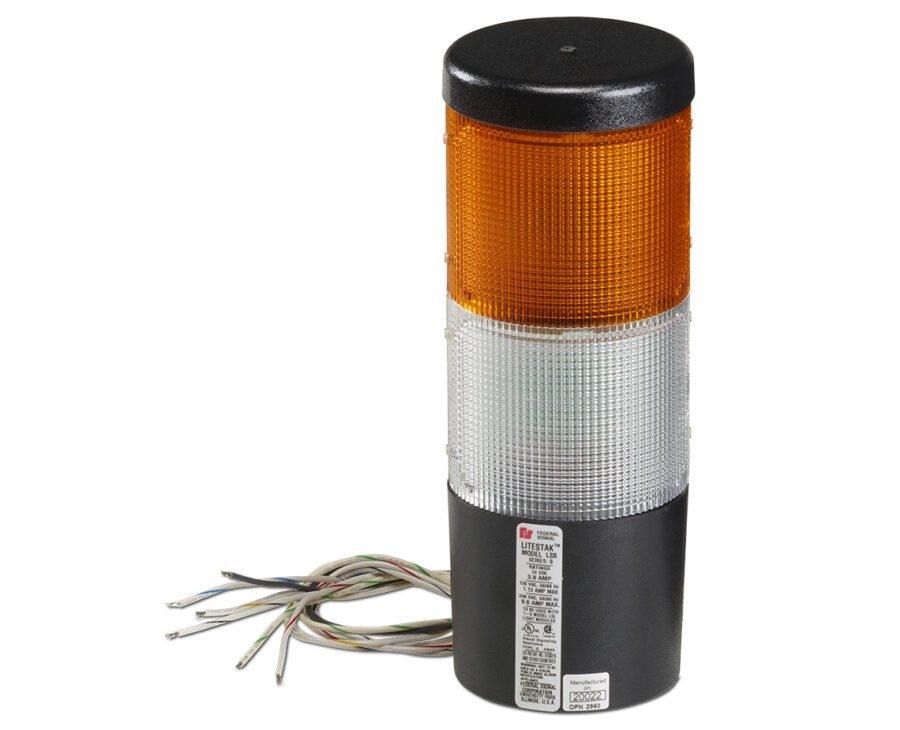 The LSLD Litestak LED Status Indicator from FedSig is a cylindrical warning light featuring two stacked colored sections—orange on top and white below—connected to multicolored wires.