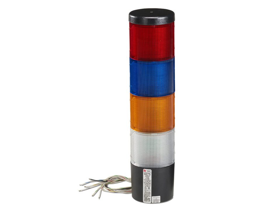 A FedSig LSLD Litestak LED Status Indicator featuring four colored segments—red, blue, amber, and white—and multiple wires extending from its base.