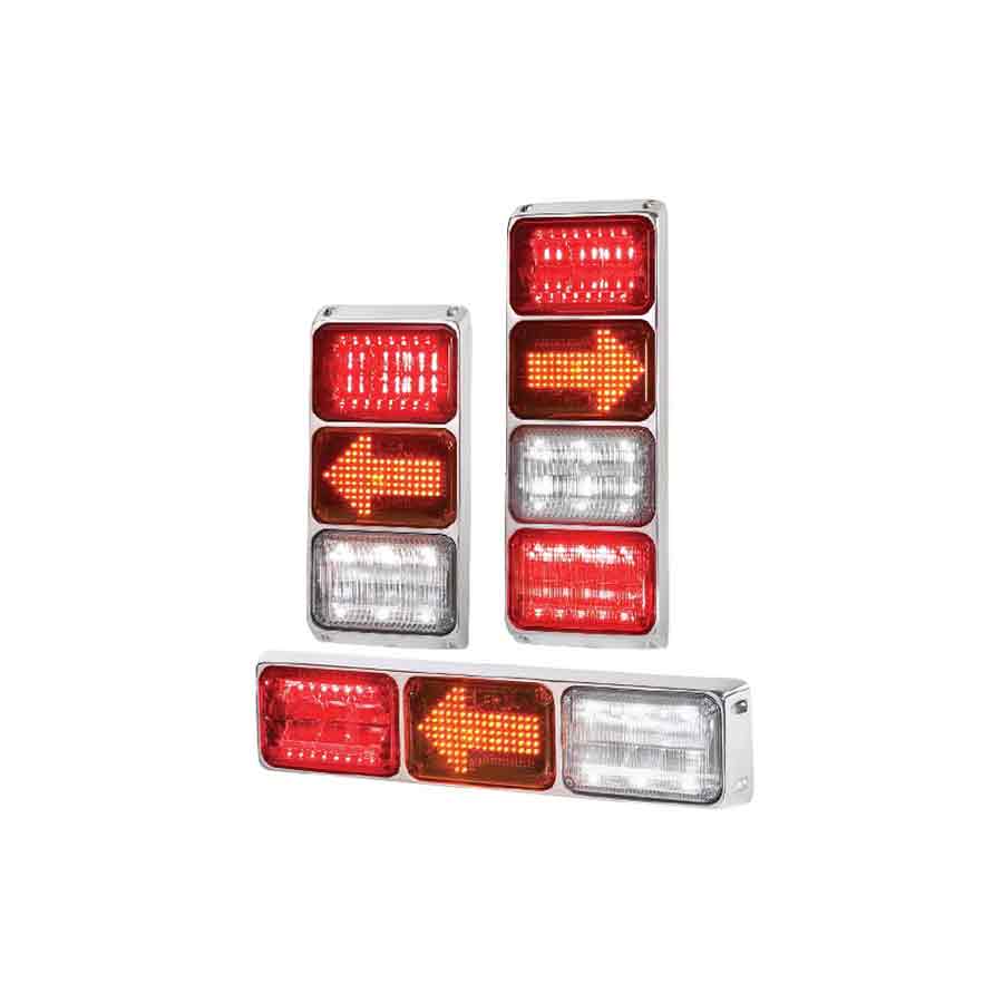 QuadraFlare LED lights in various configurations featuring red, white, and amber warning and direction lights.
