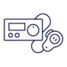 Line drawing of a portable cassette player with attached headphones.