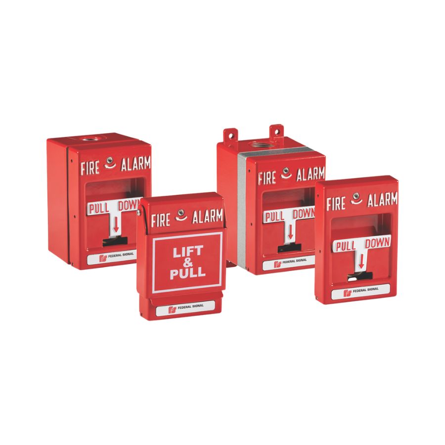 Four red Federal Signal fire alarm pull stations.