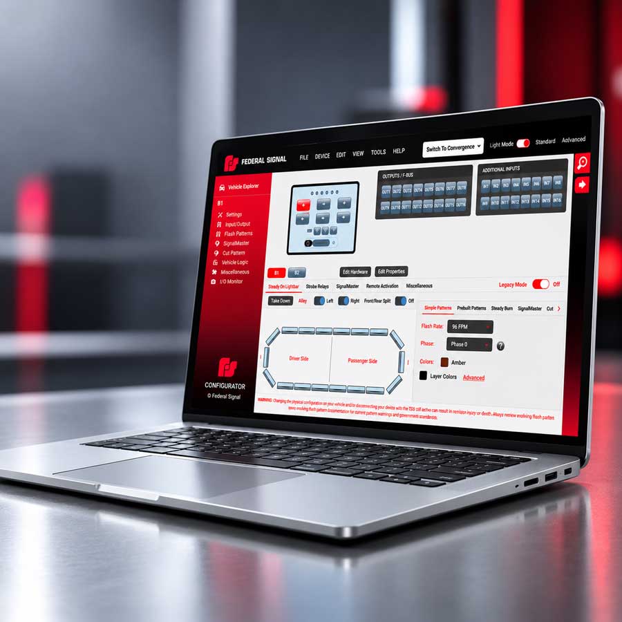 Laptop displaying the Federal Signal software interface for configuring vehicle emergency lighting systems.