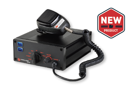 Federal Signal PA300 electronic siren amplifier with a handheld microphone and a “New Product” badge.