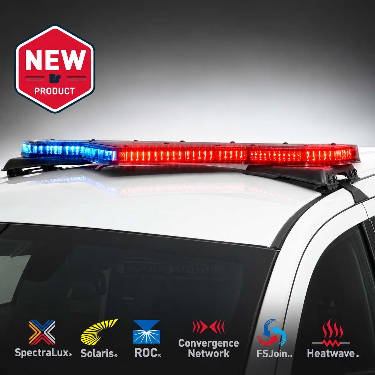 A vehicle-mounted light bar with red and blue LEDs, featuring a “New Product” badge and branding icons for SpectraLux, Solaris, ROC, Convergence Network, FSJoin, and Heatwave.
